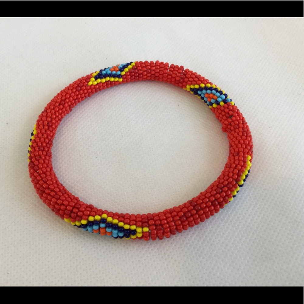 Beaded Bangle Bracelet Aztec Theme Red